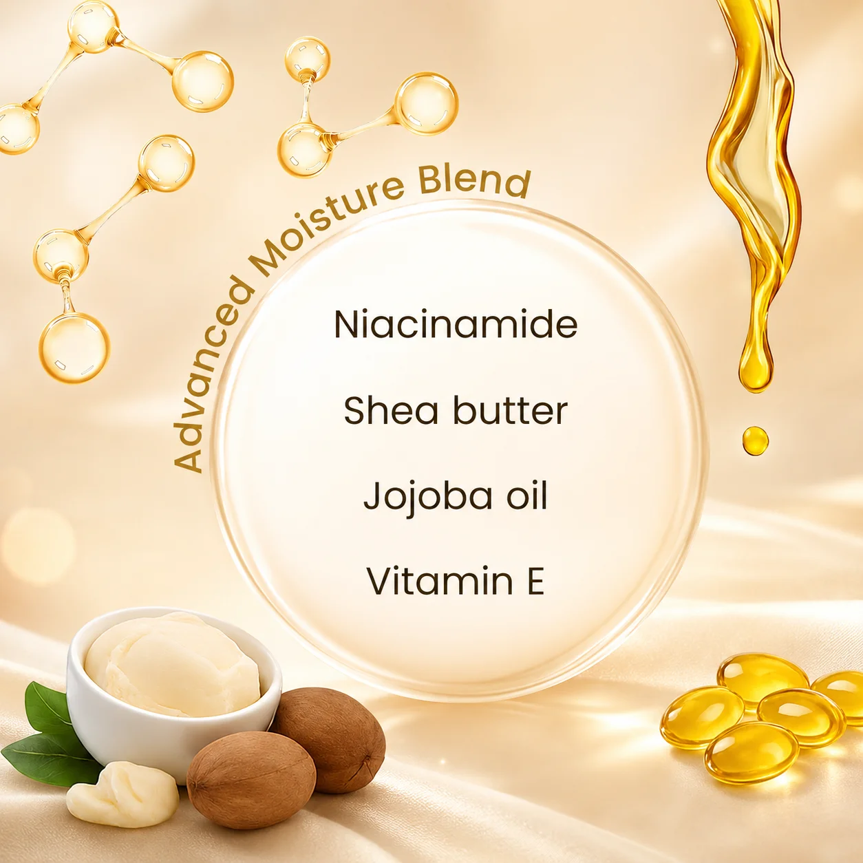 Graphic displaying advanced moisture blend with niacinamide, shea butter, jojoba oil, and vitamin E, alongside ingredients visuals.